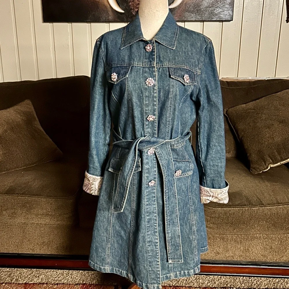 Berek • Medium • Vintage • Blue • Denim • Pink Rhinestones Buttons • Trench Coat - Picture 1 of 12